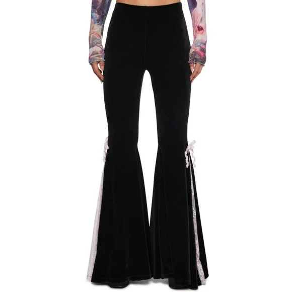 Dolls Kill Sugar Thrillz Velvet Bell Bottoms Flare Black Pink Lace Bow Goth - Picture 3 of 5